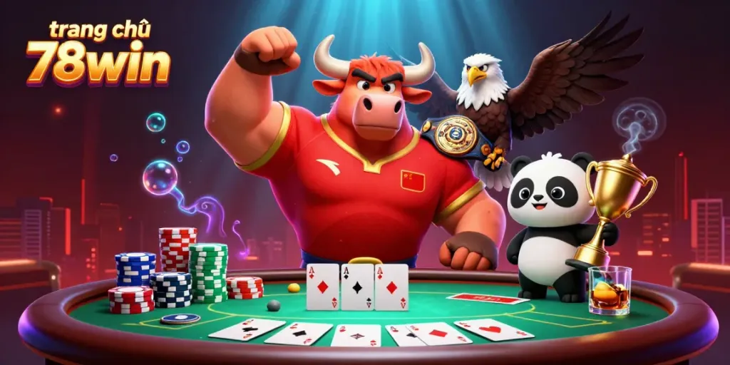 Celebrate on trang chủ 78win with a dynamic 3D scene of casino elements, a victorious bull mascot, and vibrant poker atmosphere.