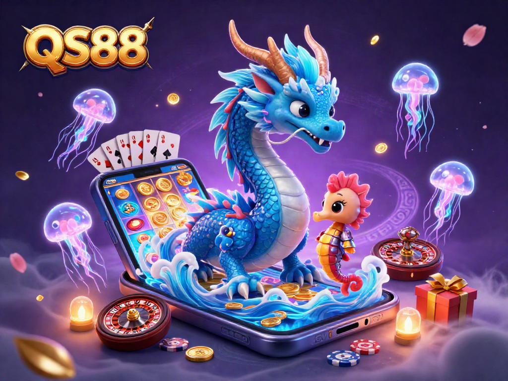 Experience thrilling fun at QS88 with an azure dragon, seahorse knight, and vibrant casino game elements.