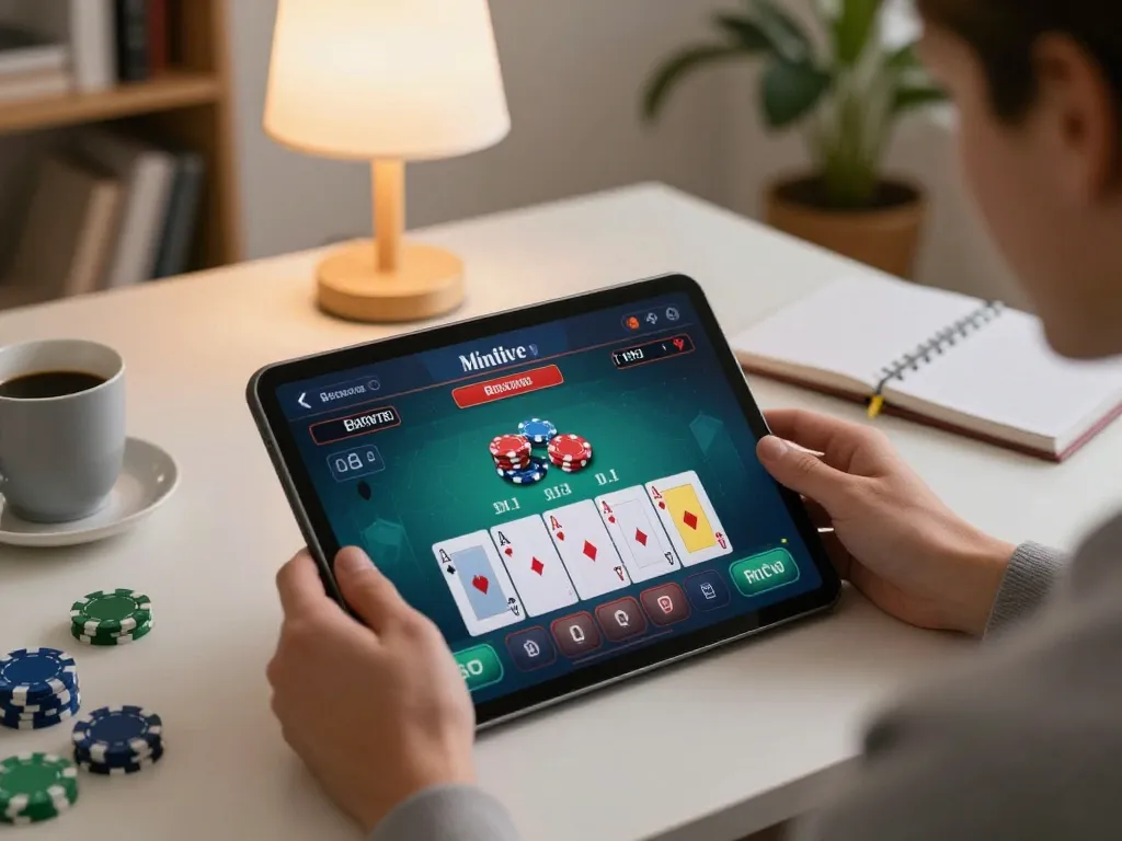 Engaging online blackjack gameplay on https://mm88vin.com/ tablet, showcasing personal strategy and cozy home setting.