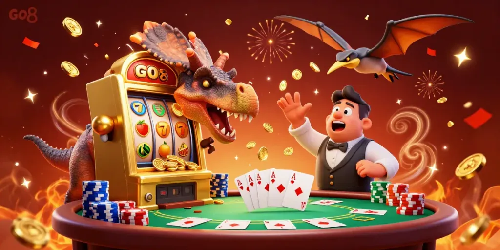 Experience the GO8 excitement with a cartoon dinosaur celebrating a jackpot win at a colorful slot machine.