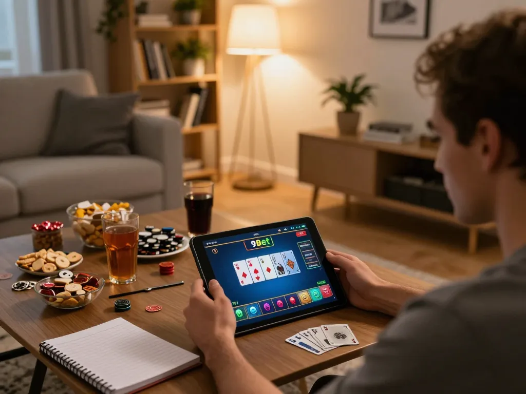 Engaged player using 9bet tablet for poker in a welcoming home setting with snacks and strategy notes