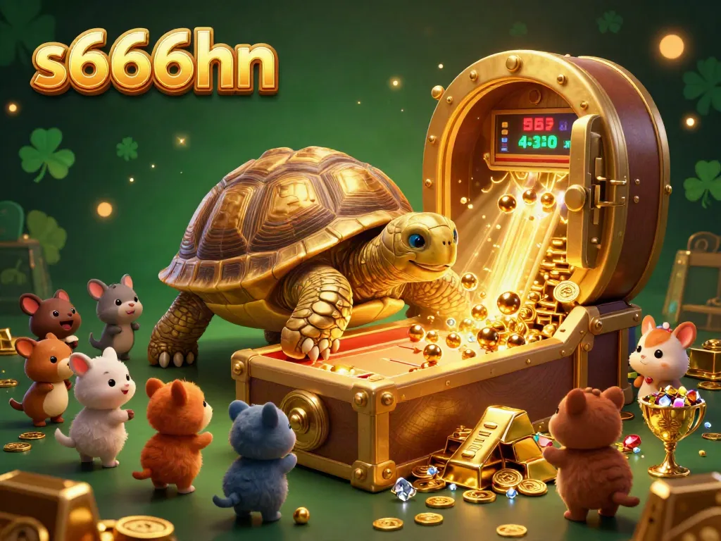 s666hn casino illustration featuring a colossal golden tortoise pinball machine amidst golden treasures