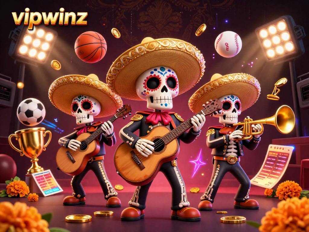 Experience the thrill of vipwinz with a dynamic scene of 3D skeleton mariachi band and exciting sports betting elements.