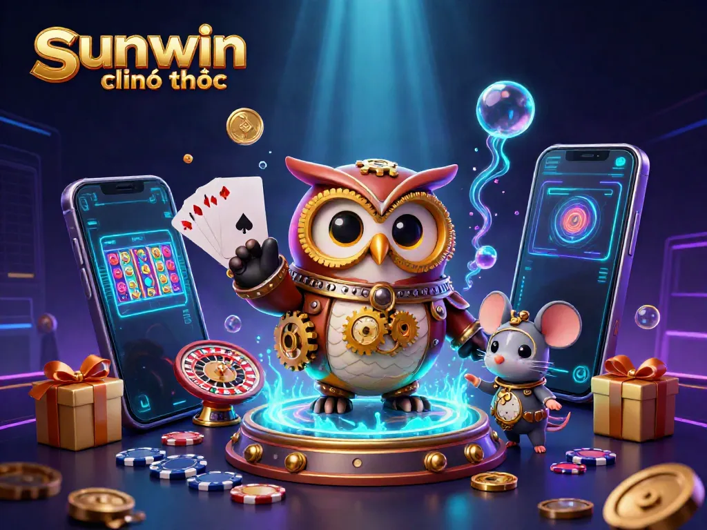 Engaging scene of sunwin chính thức featuring a steampunk owl and futuristic casino elements.