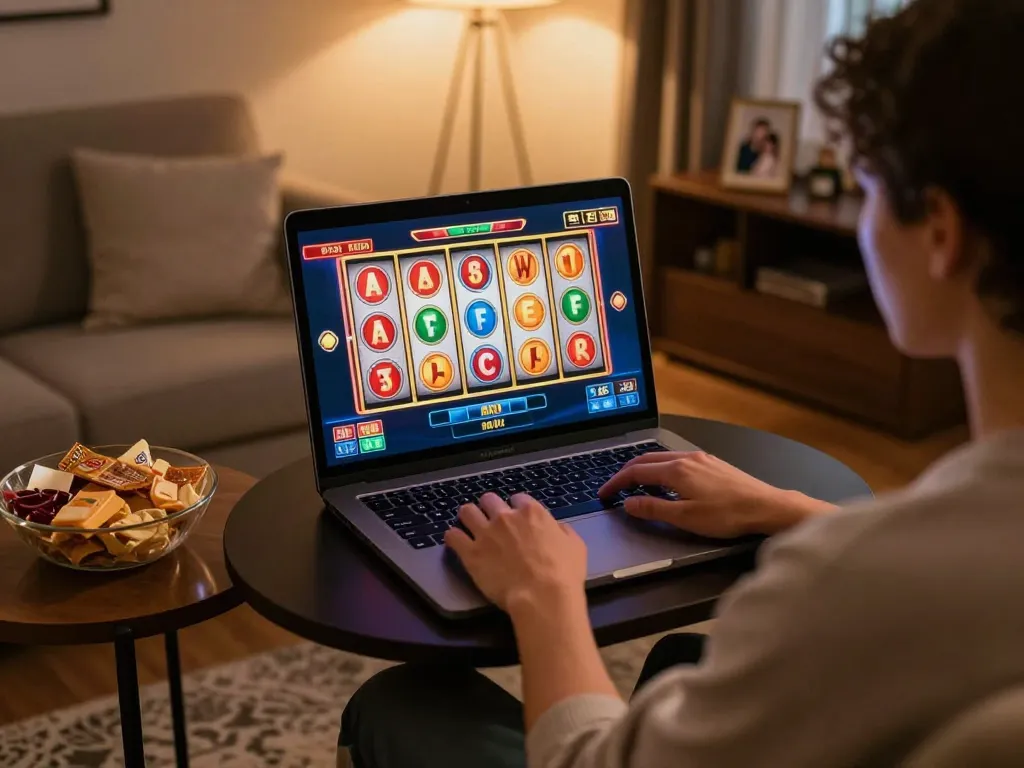 Enjoy online gaming with JUN88 as a player spins the reels on a laptop in a cozy setting.
