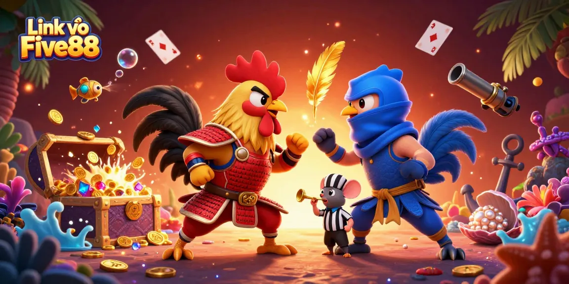 Experience the excitement of Link vào Five88 with dynamic cartoon roosters in a vibrant casino show.