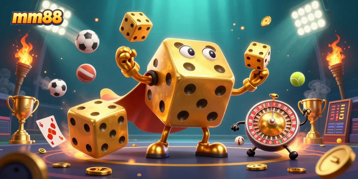 Experience thrilling gameplay at mm88 as a lively golem juggles golden dice amidst vibrant casino elements.