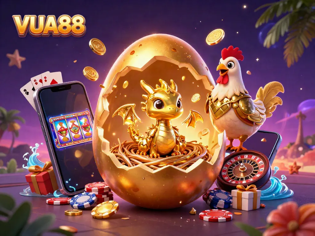 Experience thrilling wins with VUA88's vibrant golden dragon guarding poker chips in a dynamic casino scene.