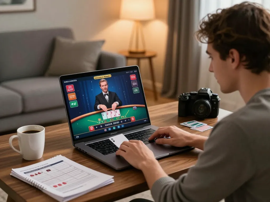 Engaging in online blackjack gameplay at home showcasing hm88 gaming interface and strategy notes