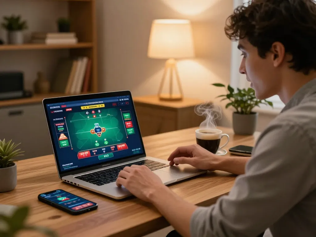 Player engaged in an online poker game on tg88 while sipping coffee in a cozy home office environment.