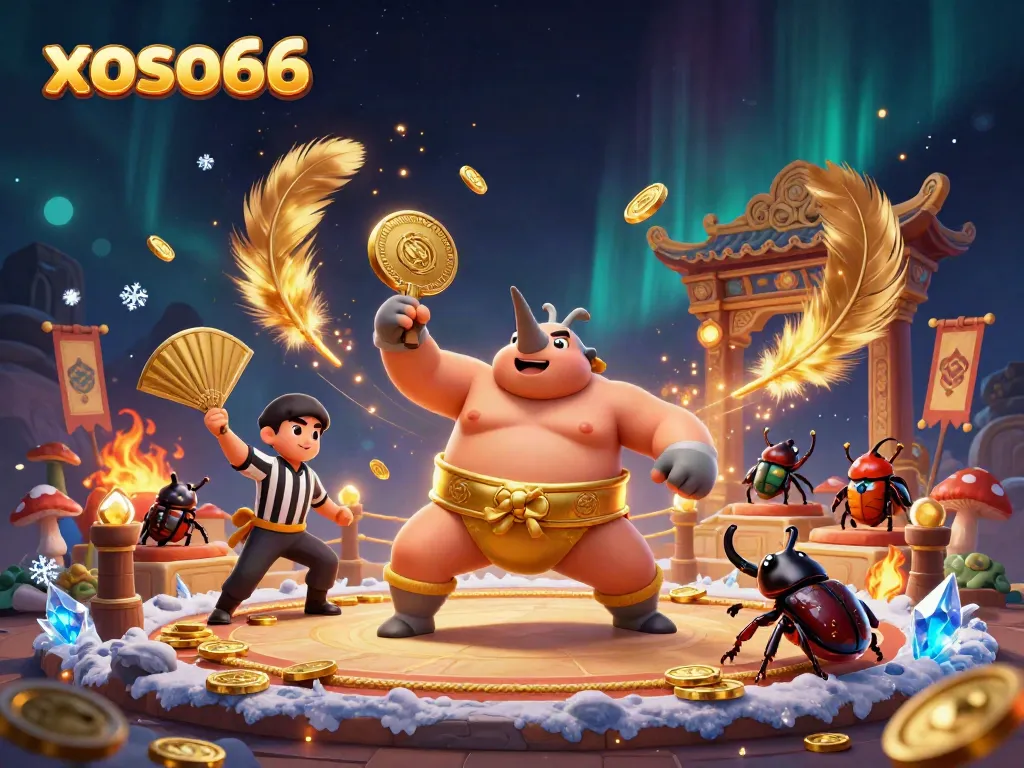 Experience the exciting world of xoso66 with a dynamic 3D beetle sumo scene filled with golden coins.