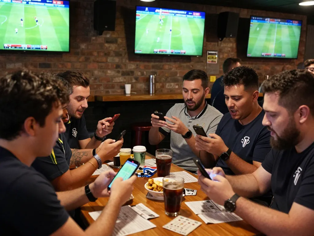 Engaged fans discussing football predictions while betting on live matches at a sports bar, capturing the excitement of sports betting.