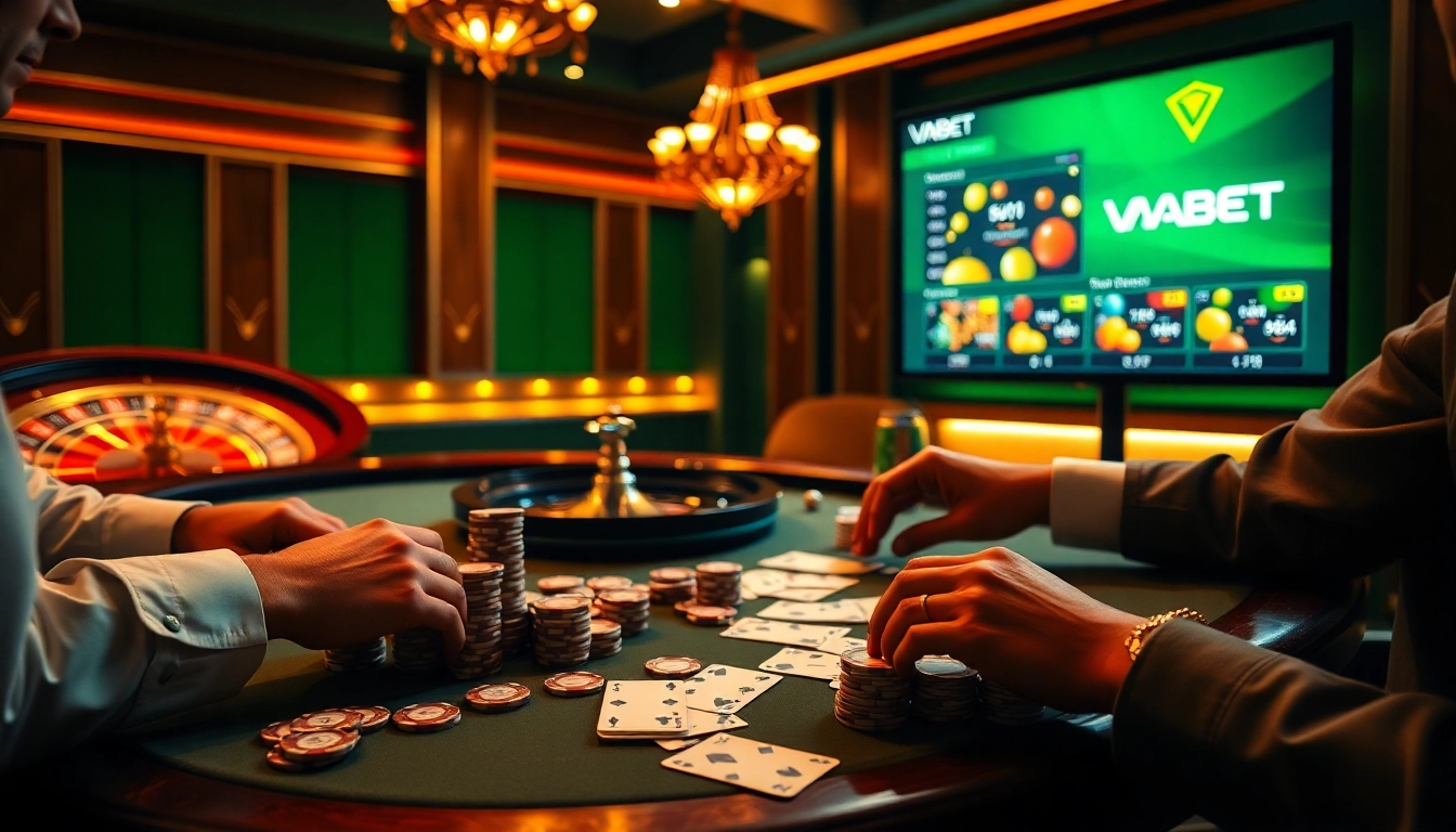 Players engage at a luxurious poker table while betting online at https://vaobet.cn.com/ in a vivid casino scene.