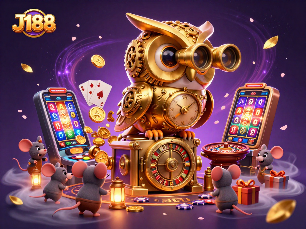 Experience the thrill of J188's casino with a vibrant owl and dynamic game elements!