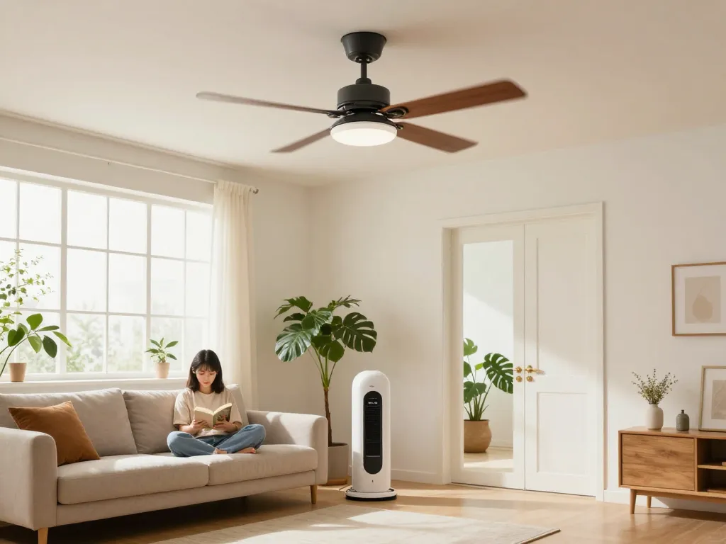 Stylish woonkamer met moderne zomerstand ventilator in zomerstand die een koele sfeer creëert.