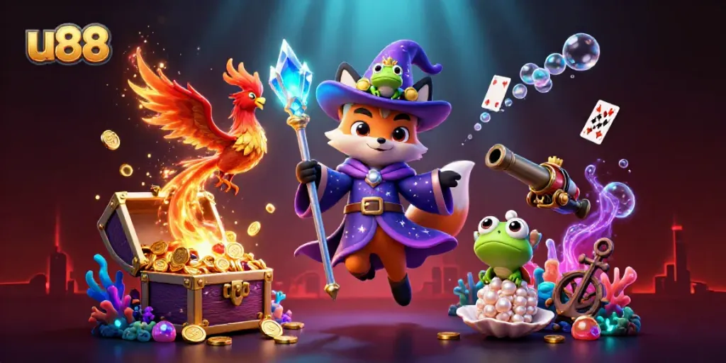 Join the excitement at u88 with a mystical wizard fox, phoenix, and gold-filled treasure chest in this vibrant casino scene.