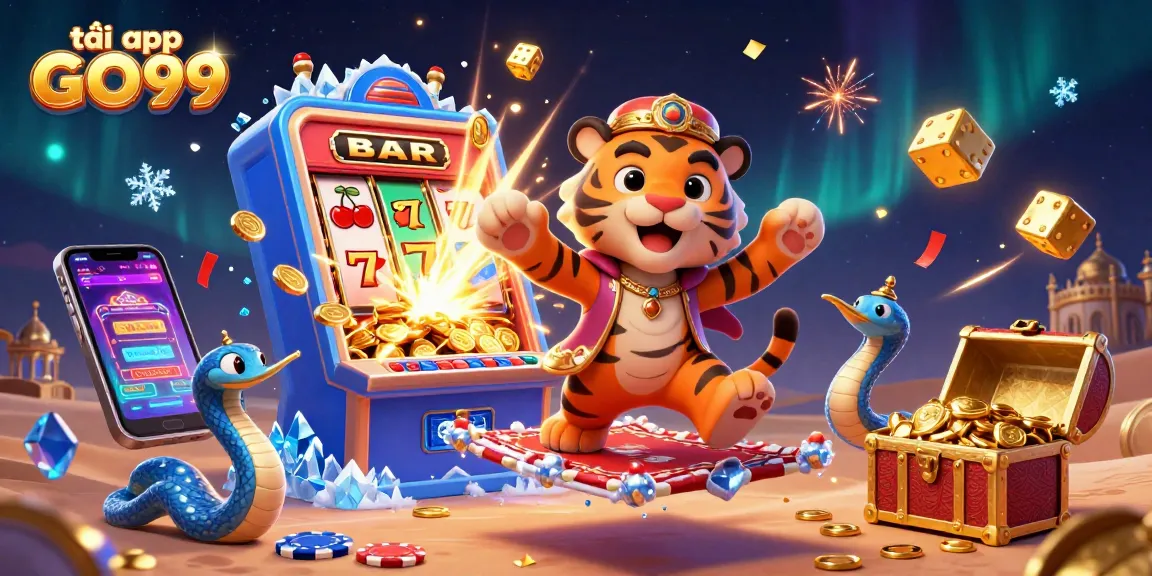 Experience the excitement of tải app GO99 with a vibrant 3D illustration featuring a joyous tiger sultan amidst bursting casino elements.