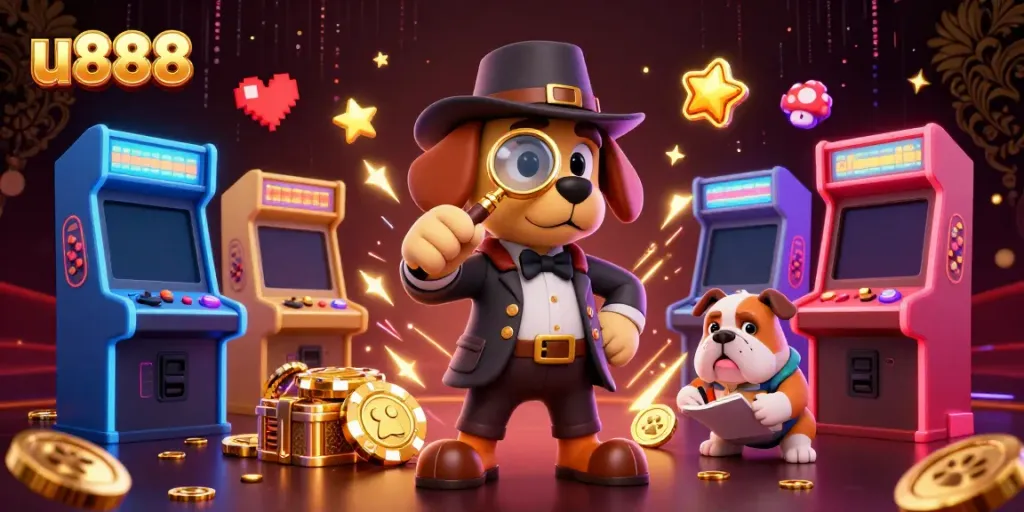 Experience the thrill of U888 as a quirky detective duo explores casino treasures in an animated scene.