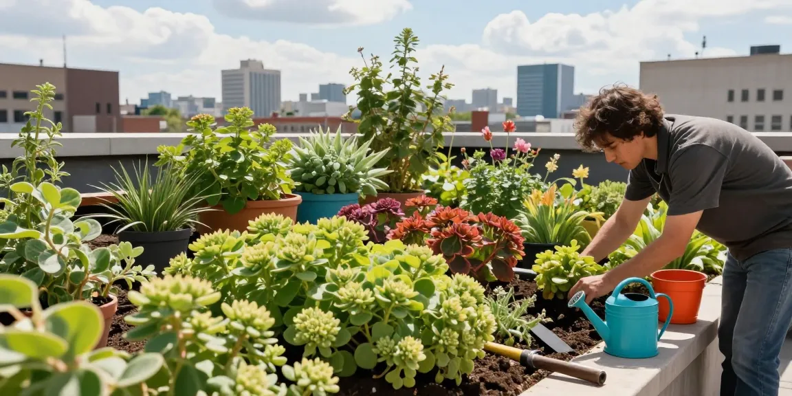 Verkenning van soorten sedum in een levendige stedelijke daktuin met een tuinier die de planten verzorgt.