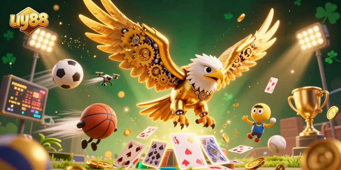 Engage with the uy88 casino experience featuring a majestic cybernetic eagle amidst vibrant sports elements.