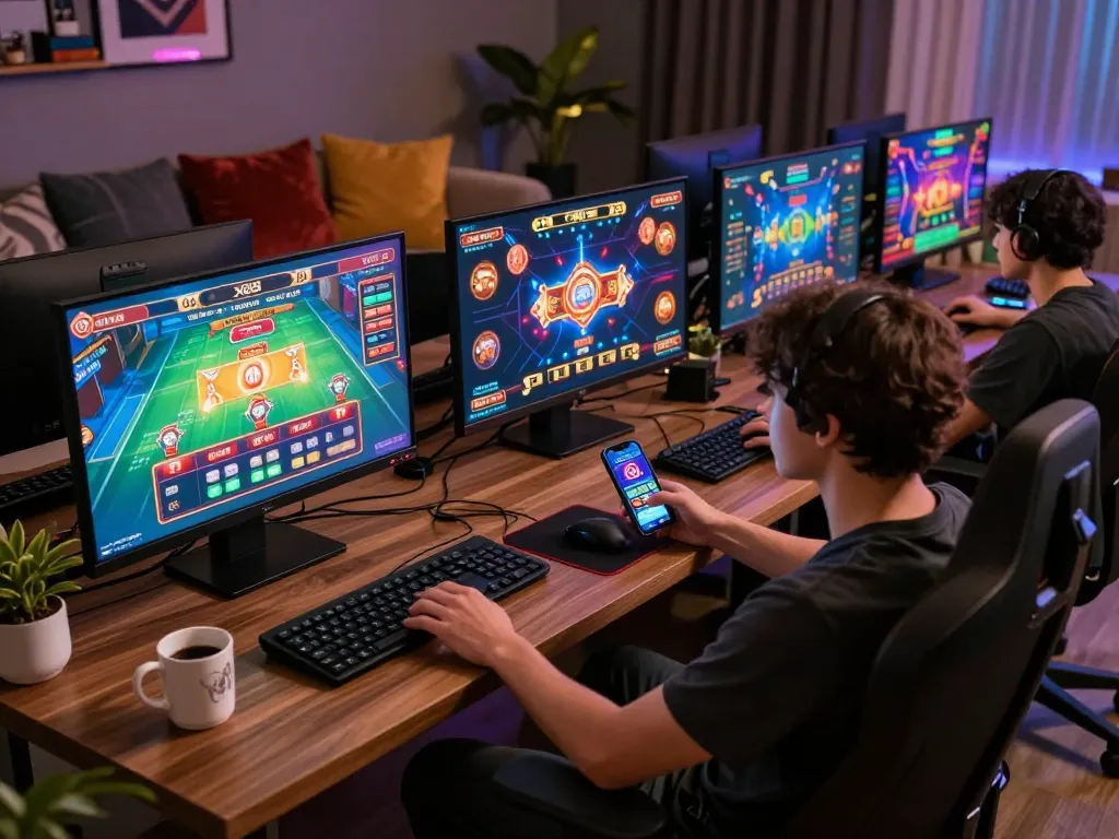 Player enjoying a strategic gaming session at home with x88 casino app on multiple screens.