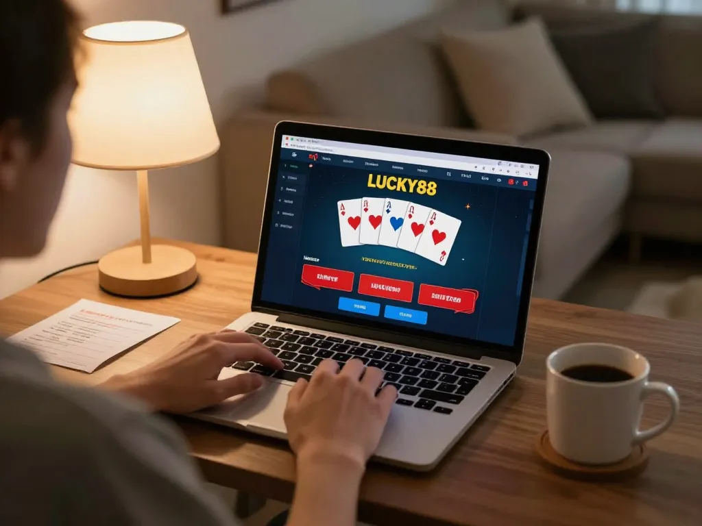 Person enjoying a LUCKY88 poker game at home while reviewing betting strategies.