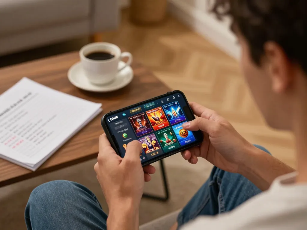 Engaging with LINK XO88 app for mobile casino gaming in a cozy home setting.