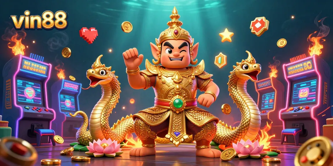 Experience the vibrant world of vin88 with colorful arcade elements and a friendly guardian in this energetic casino scene.