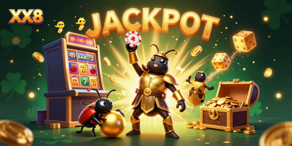 Experience the thrill of winning with XX8 as golden beetles celebrate in a vibrant casino scene filled with jackpots.