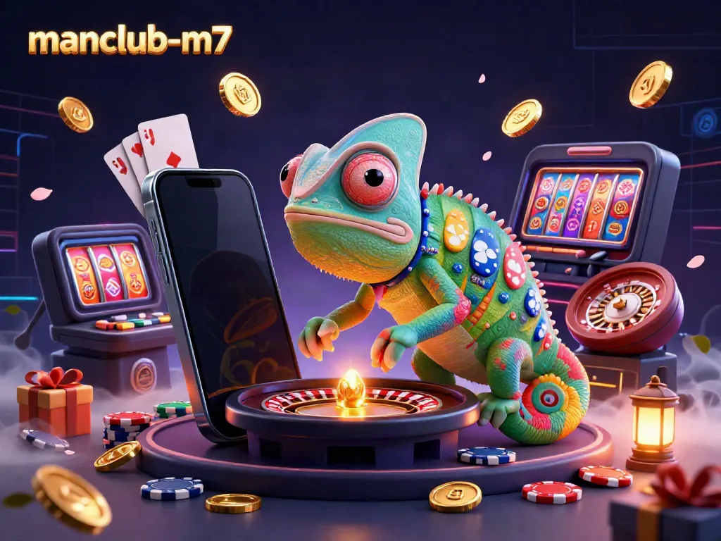 Experience vibrant gaming with manclub-m7, featuring a chameleon owner amid golden coins and excitement.