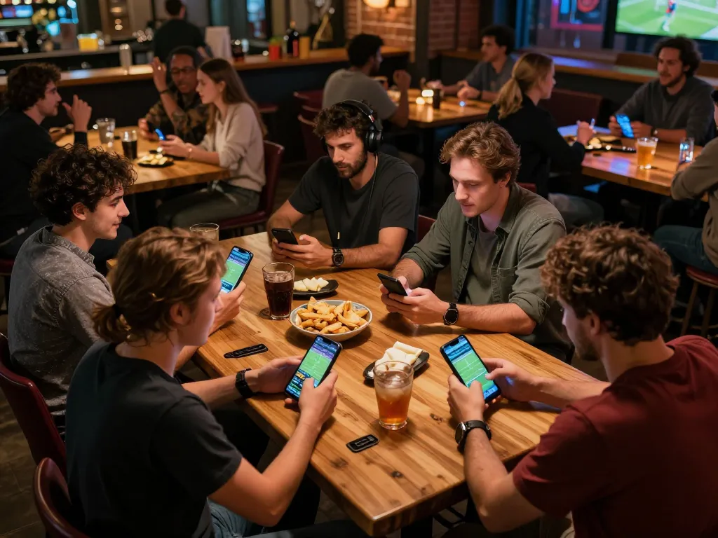 Sporting enthusiasts placing bets using their smartphones at Xoilac sporting events, highlighting social engagement and excitement.