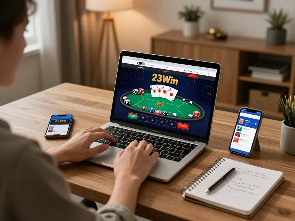 Engaged player using 23Win online casino on laptop with strategic notes nearby.