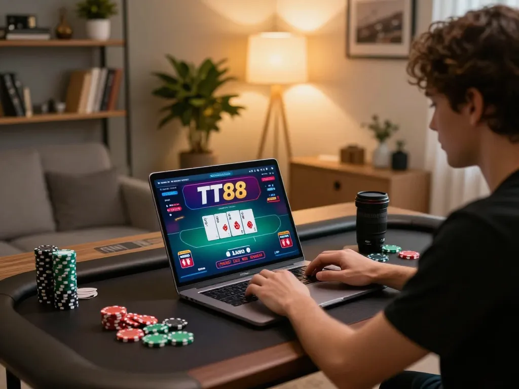 Player engaging in TT88 poker game online from a stylish desk with cozy warm lighting