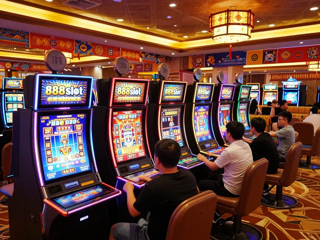 Players celebrating wins on slot machines at 888slot casino, vibrant atmosphere and gaming excitement