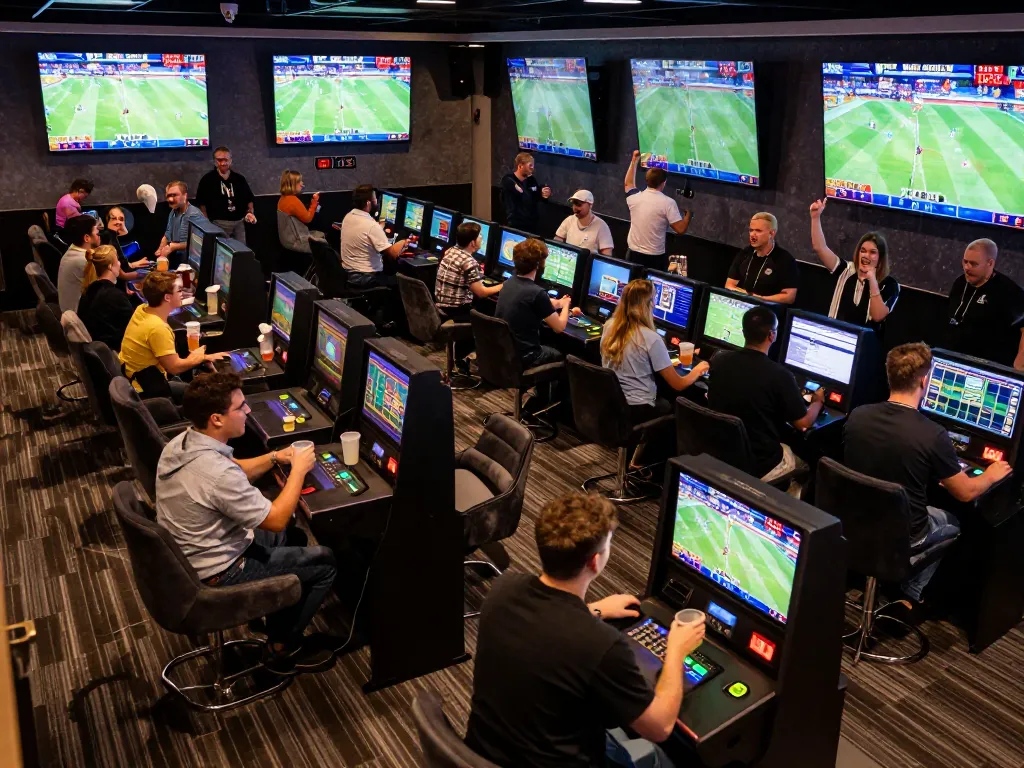Fans engaging in thrilling sports betting at a vibrant Bom88 lounge