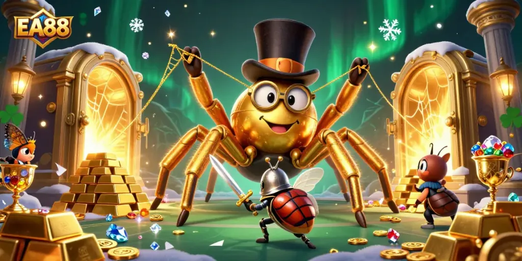 Experience EA88's vibrant casino adventure with a golden tarantula, beetle knight, and treasures.