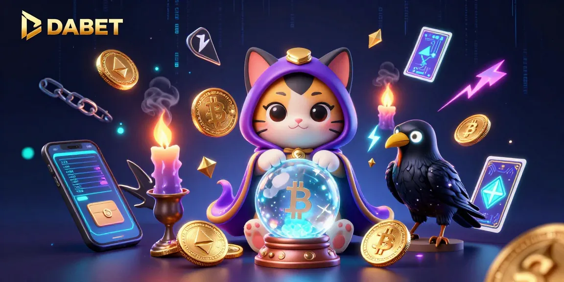 DABET captivates players with a mystical scene featuring glowing crypto coins and cards.