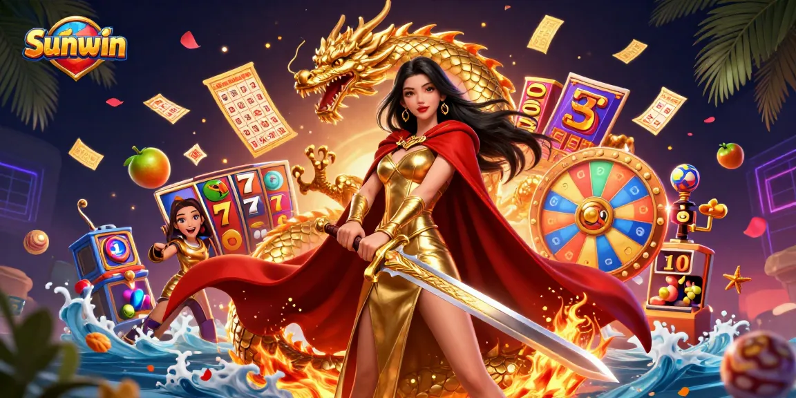 Win big at Sunwin with vibrant slot reels and a dynamic gaming atmosphere in this engaging illustration.