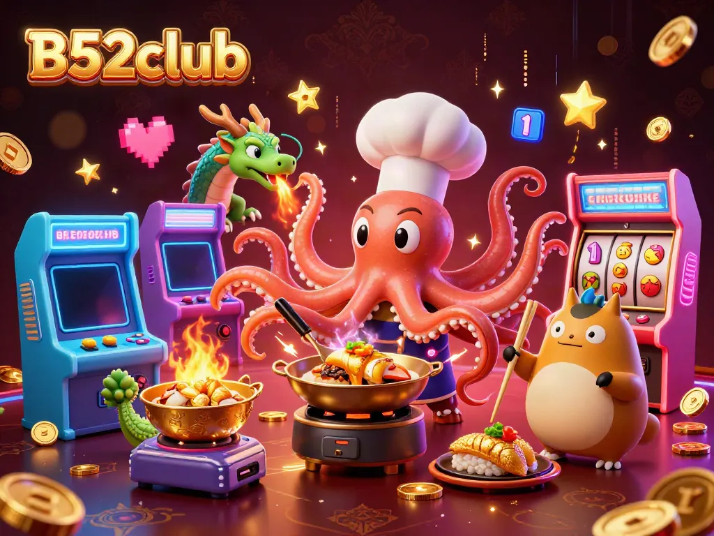 Engage with B52club while enjoying a vibrant casino-themed digital illustration featuring game elements and characters.