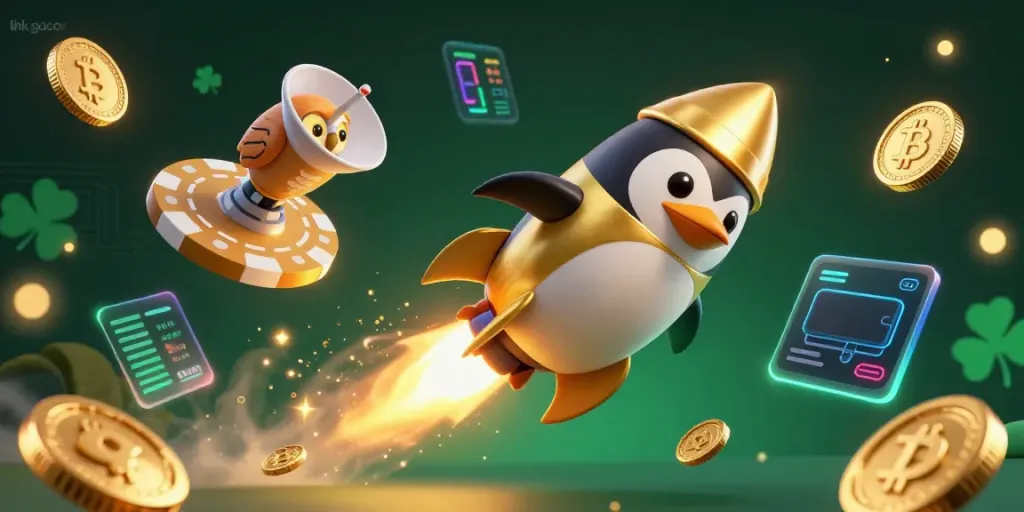 Engage in thrilling gameplay with link gacor, as a golden penguin navigates toward a vibrant casino space station.
