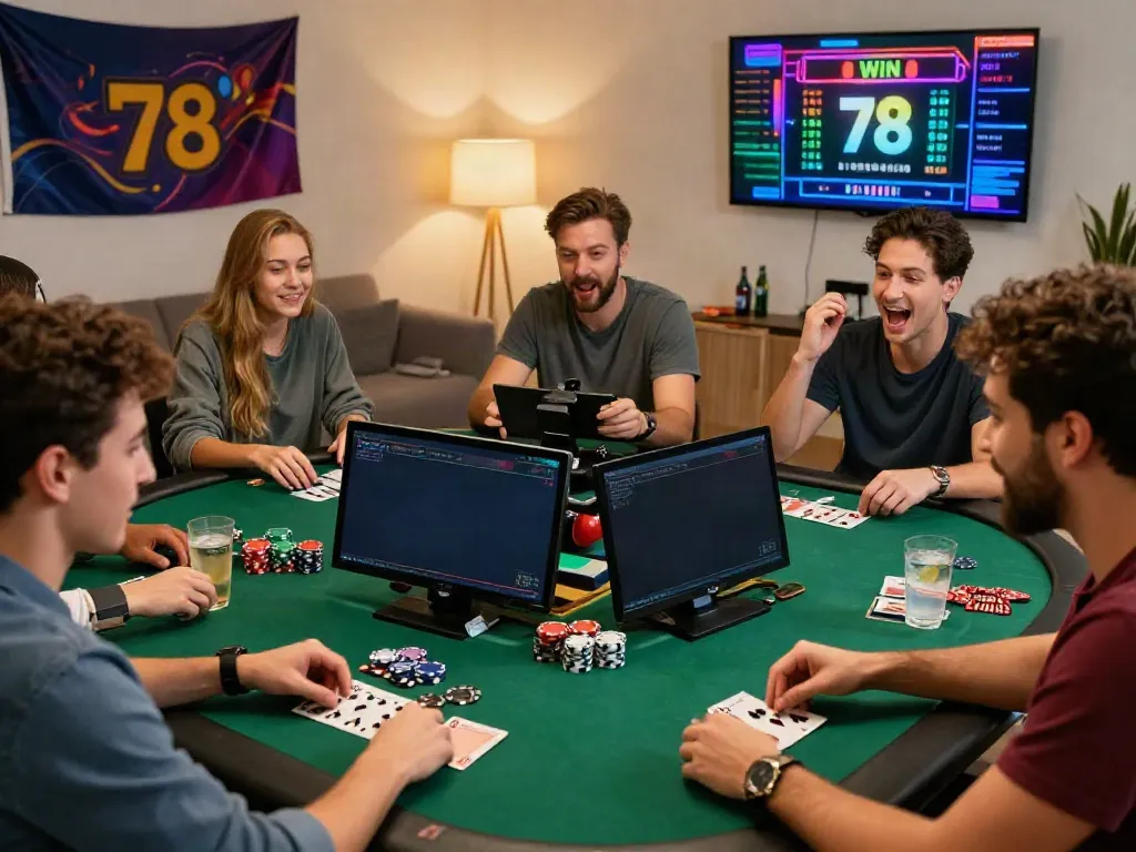 Friends celebrating 78 win during an online gaming session in a cozy home setting.