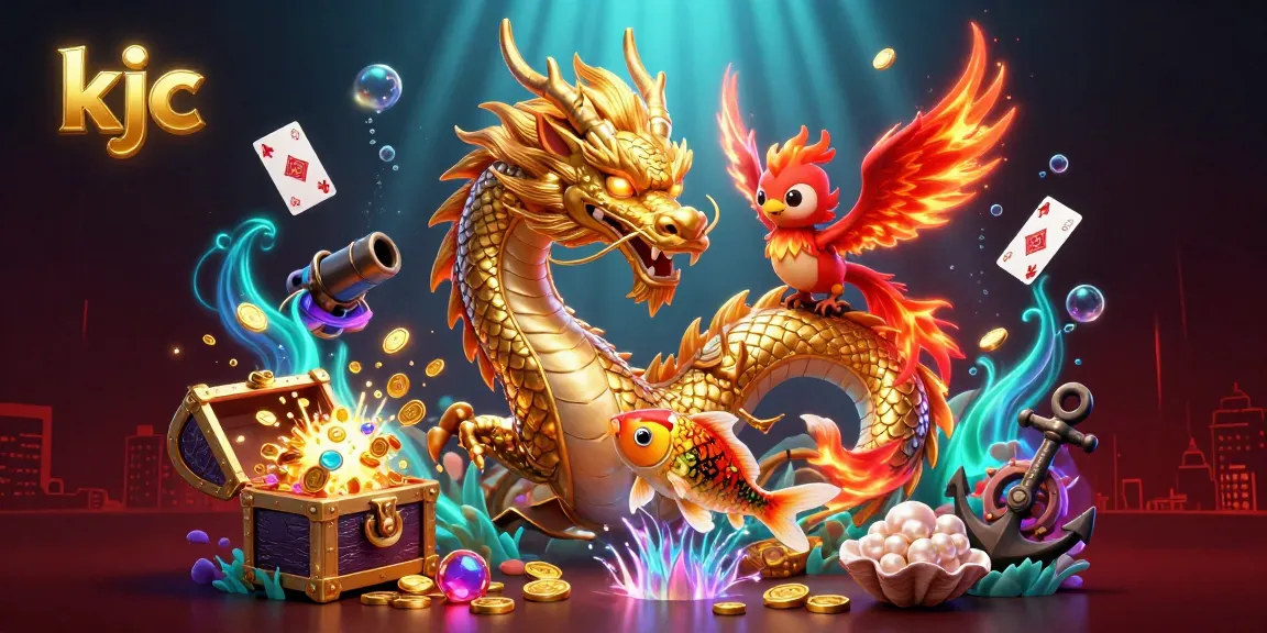 KJC's fierce dragon, phoenix, and koi fish celebrate winning in a vibrant online casino scene.