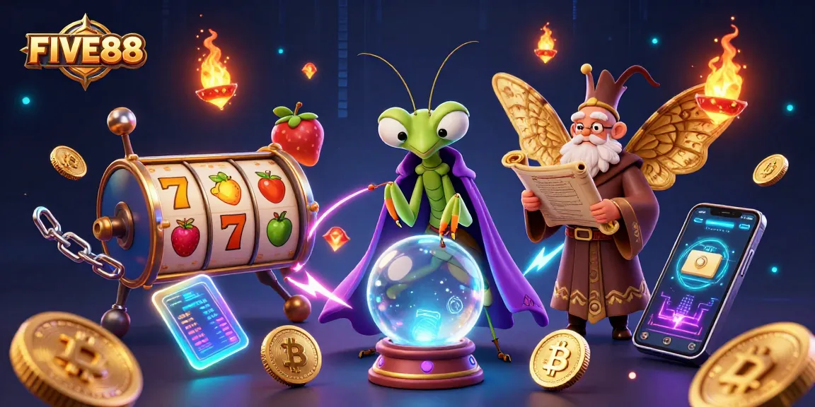 Spin the reels at FIVE88 with a mystical fortune teller and rich slot game visuals.