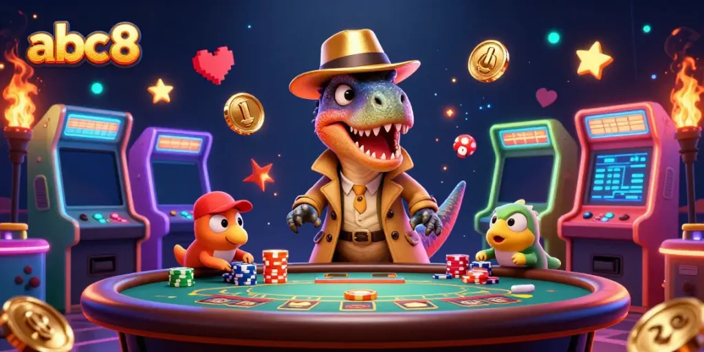Engage in thrilling blackjack with abc8's cartoon velociraptor card counter at a dazzling casino scene.