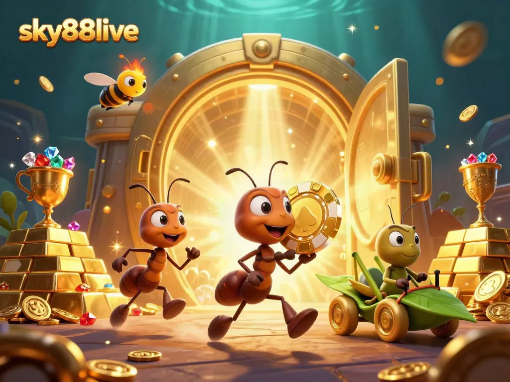 Experience thrilling heist adventures with sky88live, featuring a team of playful ants carrying a giant poker chip through a glittering treasure tunnel.