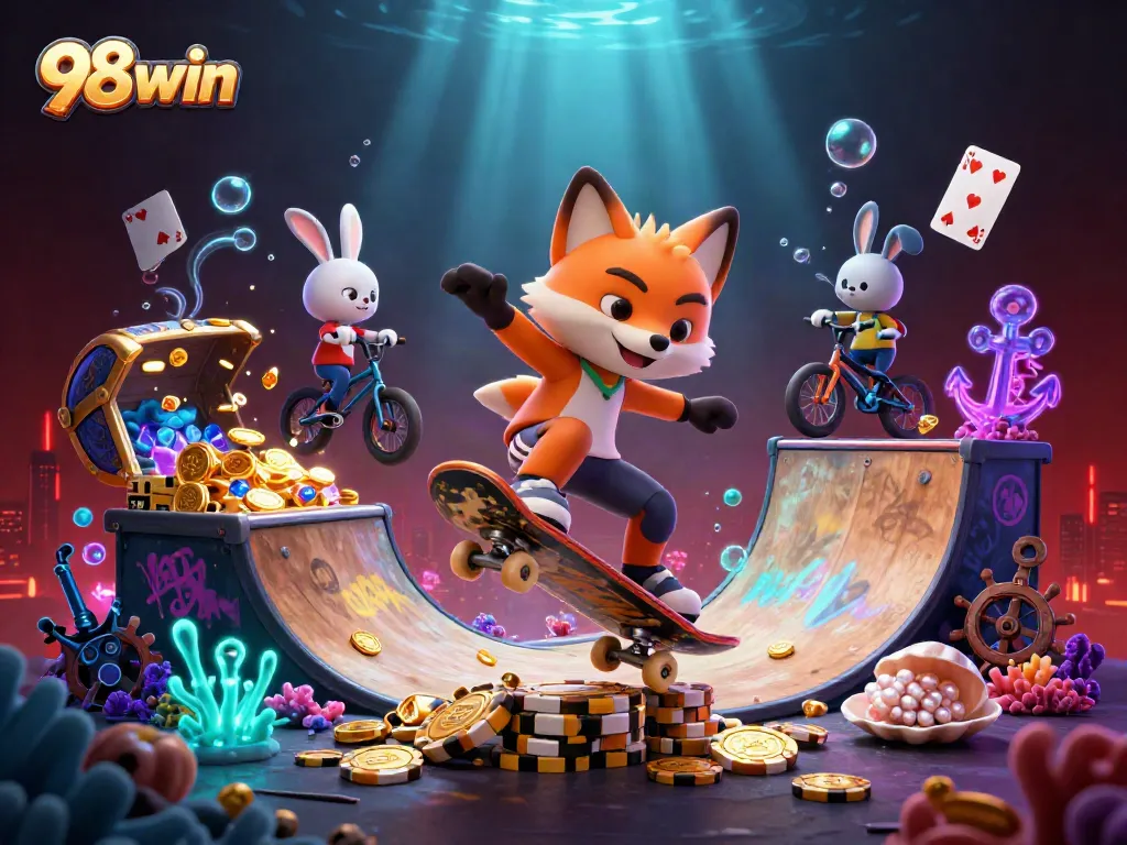 Experience thrilling action with 98win as a fox and rabbit perform epic stunts in a vibrant casino world.