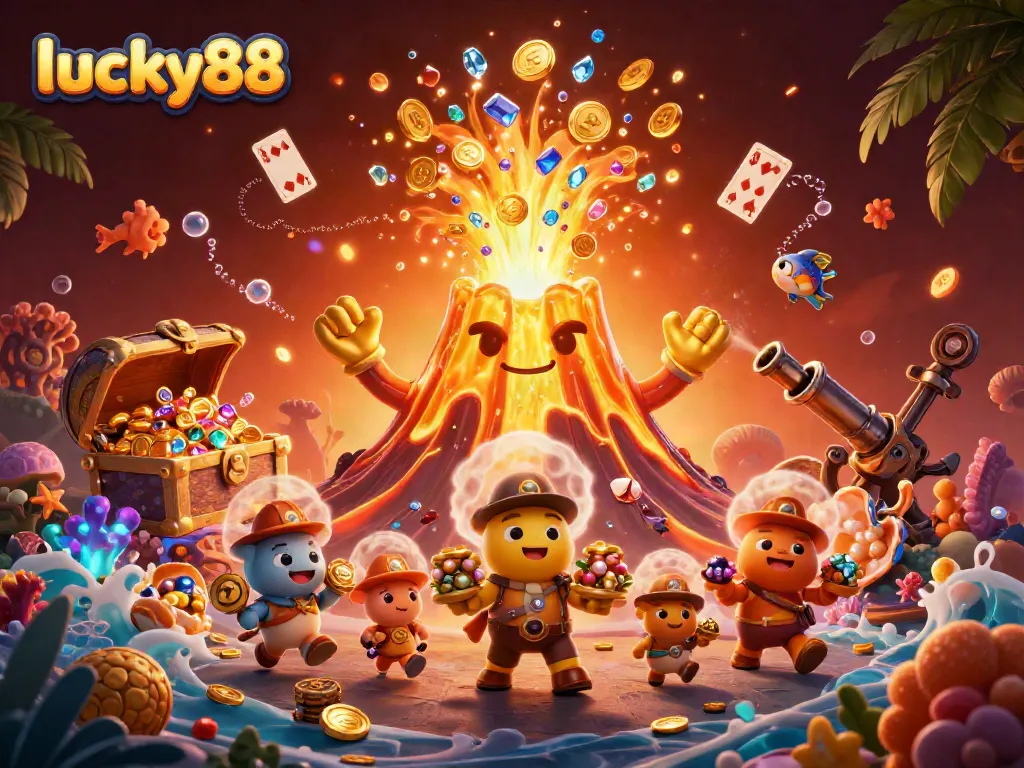 Experience thrilling wins with lucky88 as a golden volcano erupts gems and coins in celebration.