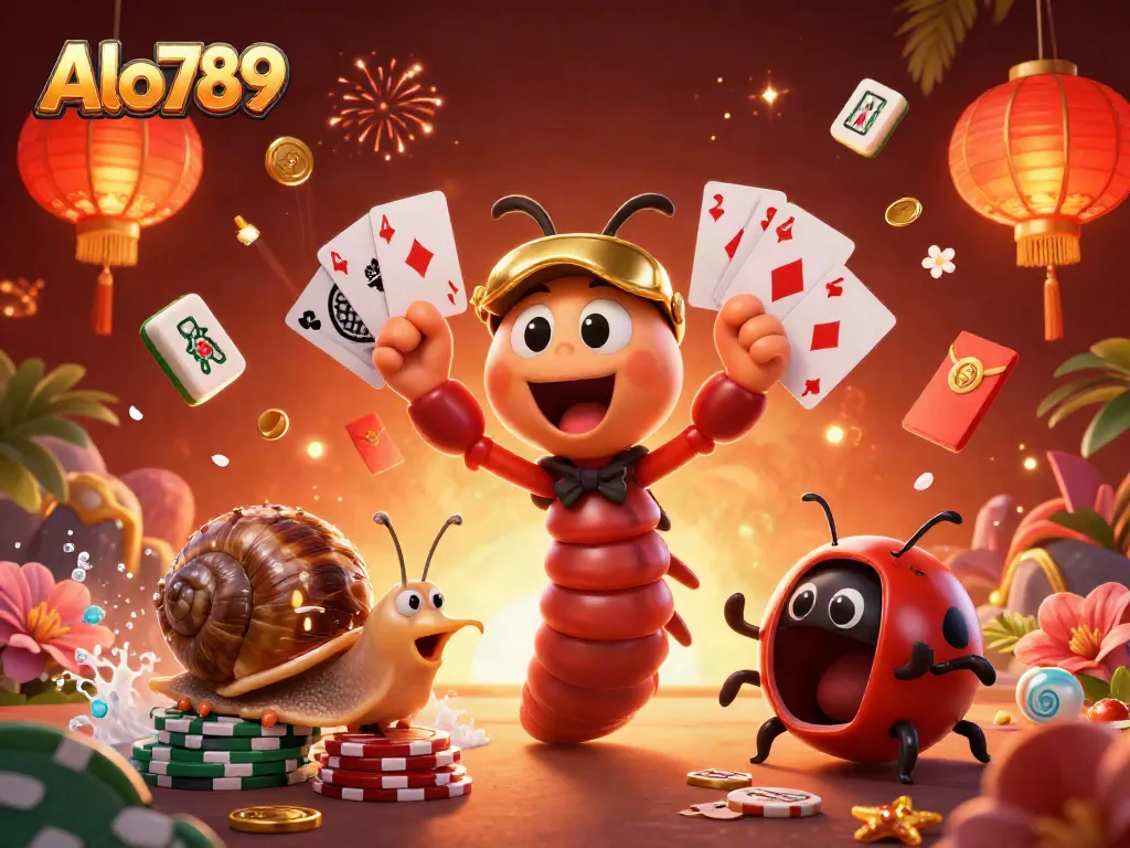 Alo789 showcases a cartoon casino scene where a millipede dealer dazzles with playing cards while a snail high-roller bets chips.