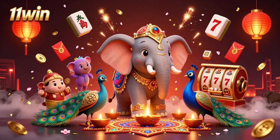 Play exciting casino games with the 11WIN-themed vibrant elephant and peacock in a festive atmosphere.
