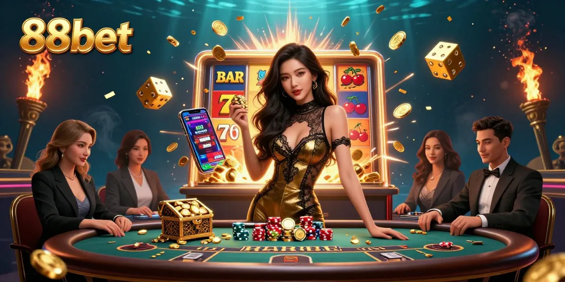 Experience high-stakes gaming at 88bet with a glamorous Asian woman winning at a baccarat table.